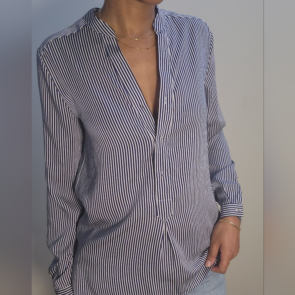 Mango MNG Suit Navy Blue Striped Button Up Shirt Silver Buttons Size Small